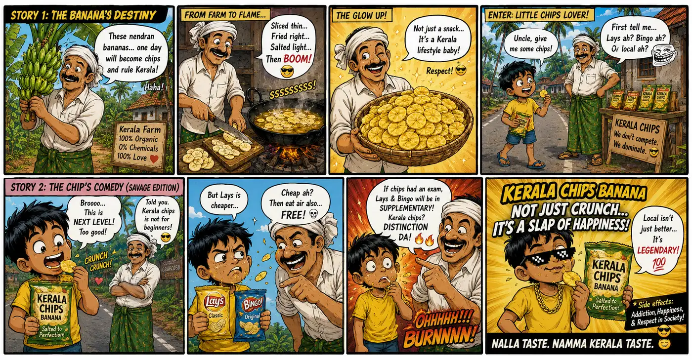 Comic strips: nendran bananas turn into Kerala chips, then a kid ranks them above every other snack. The last panel calls it a slap of happiness.